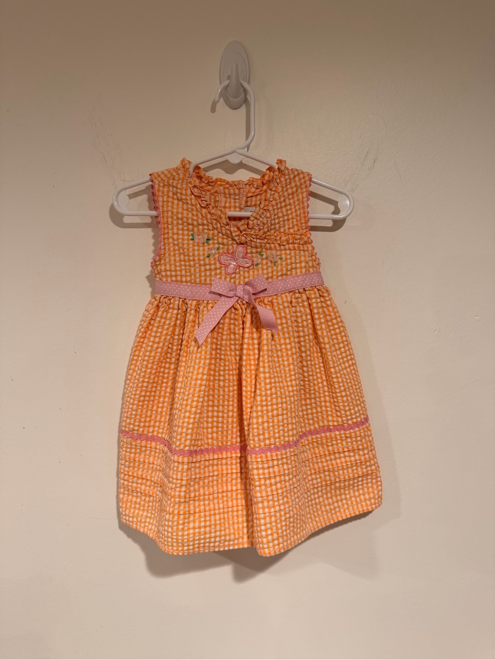 Youngland Orange Gingham Dress with Pink Bow and Floral Embroidery